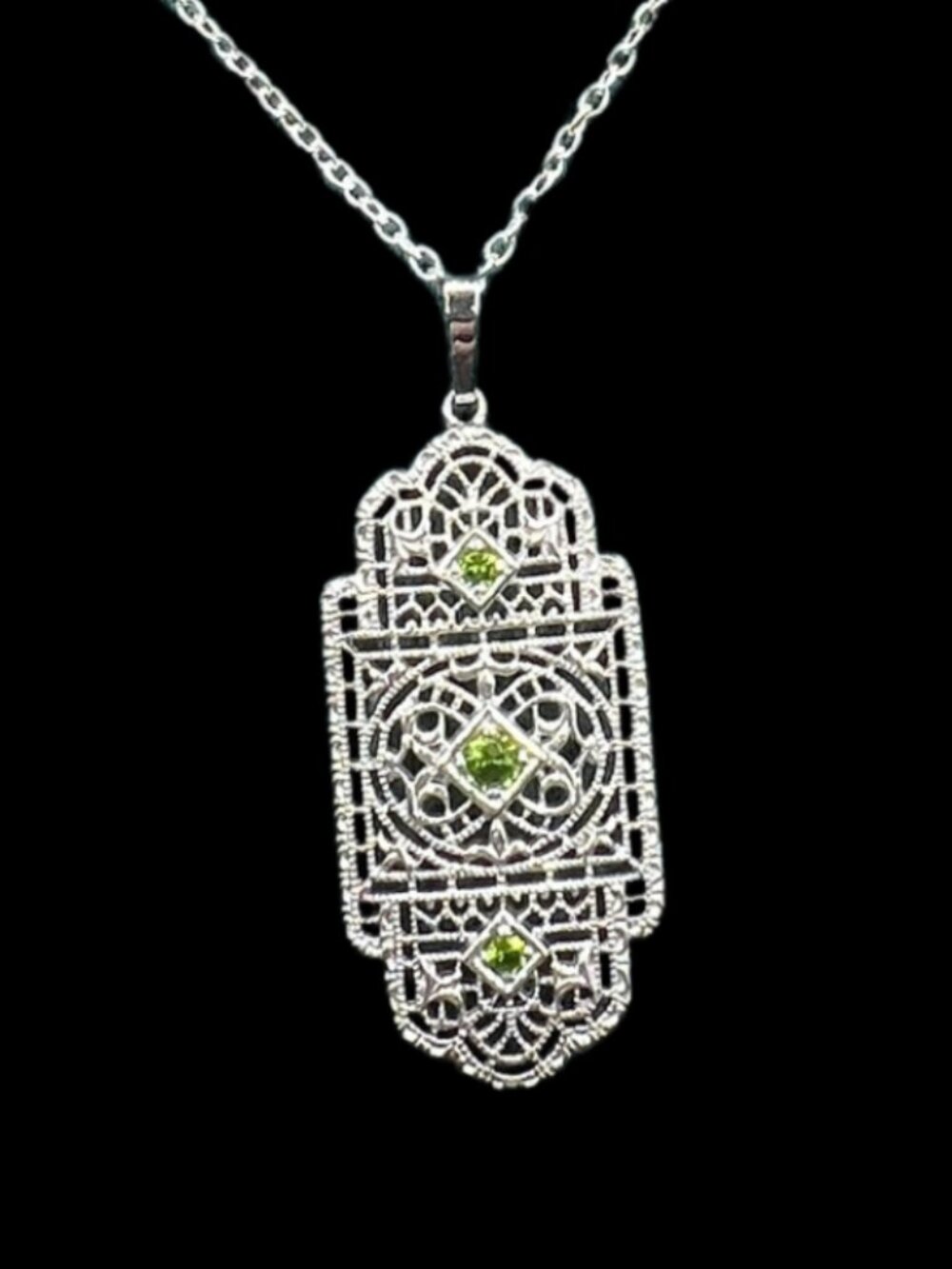 Art Deco Revival Sterling Silver Filigree and Green Peridot Pendant Necklace